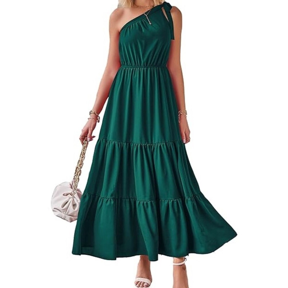 One-Shoulder Emerald Green Tiered Maxi Dress